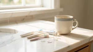 Accessoires de routine bucco-dentaire doux alignés sur une vasque en marbre dans une salle de bain lumineuse et apaisante.