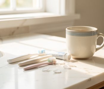 Accessoires de routine bucco-dentaire doux alignés sur une vasque en marbre dans une salle de bain lumineuse et apaisante.