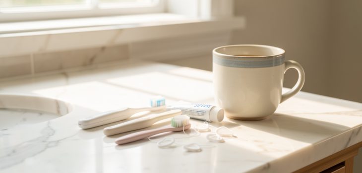 Accessoires de routine bucco-dentaire doux alignés sur une vasque en marbre dans une salle de bain lumineuse et apaisante.