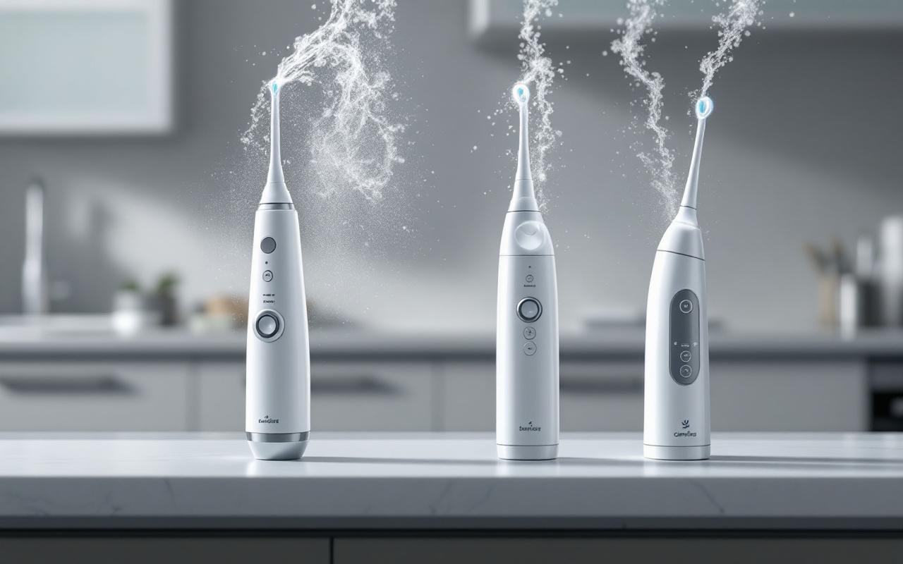Comparaison visuelle de deux hydropulseurs dentaires : un modèle portable et un modèle de comptoir, avec un focus sur les réglages de pression et le mode doux.