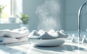 Hydropulseur dentaire moderne posé sur un plan de travail clair, dans une salle de bain lumineuse, avec des embouts doux mis en avant pour des gencives sensibles.