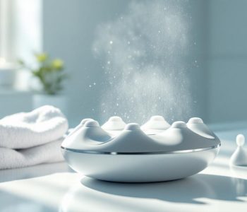 Hydropulseur dentaire moderne posé sur un plan de travail clair, dans une salle de bain lumineuse, avec des embouts doux mis en avant pour des gencives sensibles.