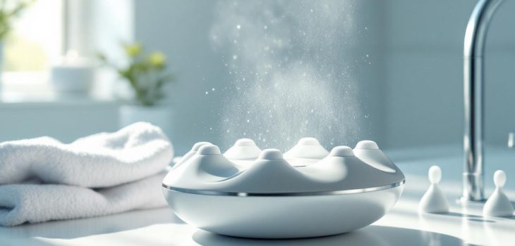 Hydropulseur dentaire moderne posé sur un plan de travail clair, dans une salle de bain lumineuse, avec des embouts doux mis en avant pour des gencives sensibles.