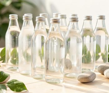 Bouteilles d’eau minérale plate disposées sur une table claire, dans une ambiance naturelle, lumineuse et apaisante.
