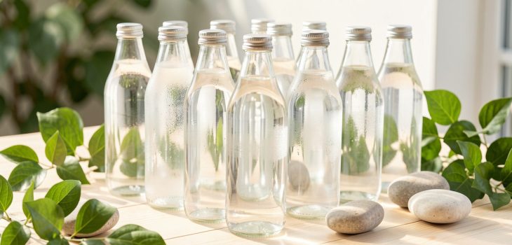 Bouteilles d’eau minérale plate disposées sur une table claire, dans une ambiance naturelle, lumineuse et apaisante.