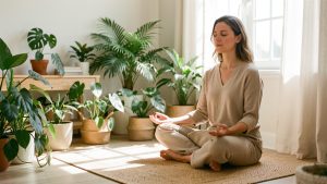 Femme détendue méditant près d’une fenêtre lumineuse, entourée de plantes vertes dans une ambiance naturelle et apaisante.