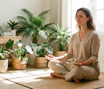 Femme détendue méditant près d’une fenêtre lumineuse, entourée de plantes vertes dans une ambiance naturelle et apaisante.