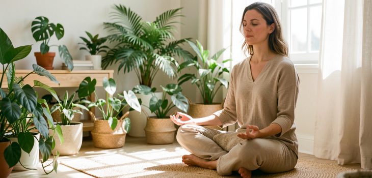 Femme détendue méditant près d’une fenêtre lumineuse, entourée de plantes vertes dans une ambiance naturelle et apaisante.