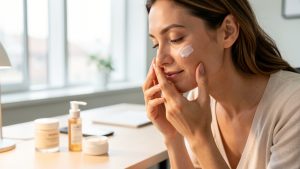Une femme applique délicatement une crème hydratante sur son visage à son bureau, dans un environnement professionnel lumineux.