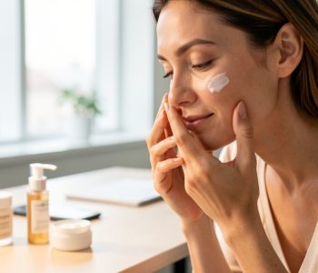 Une femme applique délicatement une crème hydratante sur son visage à son bureau, dans un environnement professionnel lumineux.