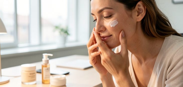 Une femme applique délicatement une crème hydratante sur son visage à son bureau, dans un environnement professionnel lumineux.