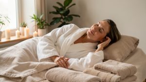 Femme détendue allongée sur une table de spa pendant un soin doux et apaisant dans une salle de bien-être lumineuse.