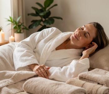Femme détendue allongée sur une table de spa pendant un soin doux et apaisant dans une salle de bien-être lumineuse.