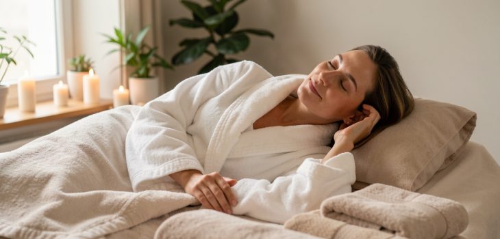 Femme détendue allongée sur une table de spa pendant un soin doux et apaisant dans une salle de bien-être lumineuse.