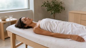 Intérieur lumineux d’un spa contemporain avec une femme allongée sereinement sur une table de soin, couverte de serviettes blanches, dans une ambiance douce et apaisante.