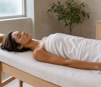 Intérieur lumineux d’un spa contemporain avec une femme allongée sereinement sur une table de soin, couverte de serviettes blanches, dans une ambiance douce et apaisante.