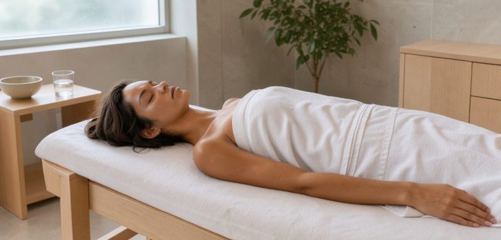 Intérieur lumineux d’un spa contemporain avec une femme allongée sereinement sur une table de soin, couverte de serviettes blanches, dans une ambiance douce et apaisante.