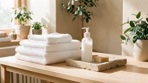 Salle de bain lumineuse au style spa avec serviettes en coton blanc, savon doux, flacon minimaliste de gel lavant et éléments naturels.