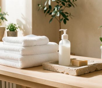 Salle de bain lumineuse au style spa avec serviettes en coton blanc, savon doux, flacon minimaliste de gel lavant et éléments naturels.
