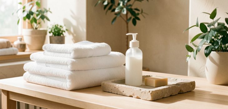 Salle de bain lumineuse au style spa avec serviettes en coton blanc, savon doux, flacon minimaliste de gel lavant et éléments naturels.